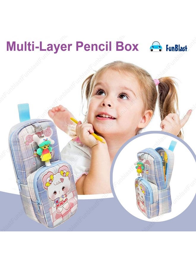 فنبلاست حافظة أقلام فن بلاست للبنات، حافظة أقلام قماشية ناعمة مزدوجة الطبقات قابلة للتعليق بسعة كبيرة مع شخصية كرتونية للبنات، حافظة أقلام كاواي، حقيبة جمالية (أزرق) - Image 5