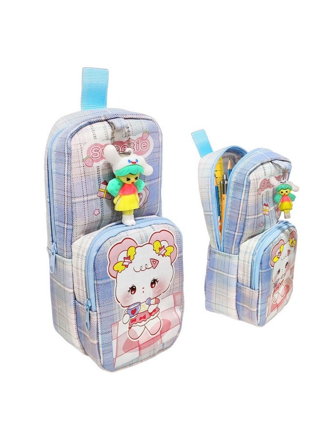 فنبلاست حافظة أقلام فن بلاست للبنات، حافظة أقلام قماشية ناعمة مزدوجة الطبقات قابلة للتعليق بسعة كبيرة مع شخصية كرتونية للبنات، حافظة أقلام كاواي، حقيبة جمالية (أزرق) - Image 1