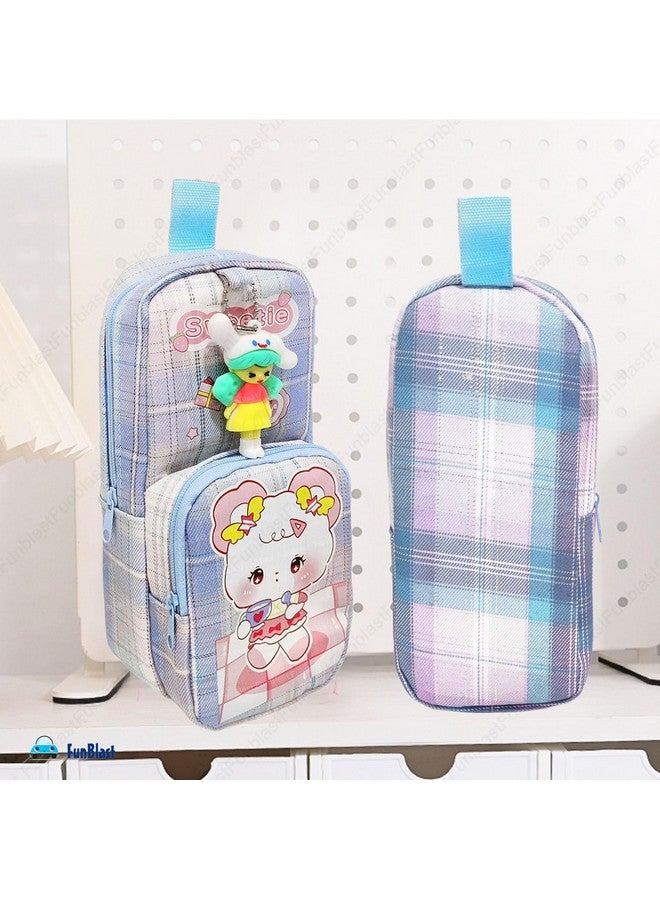 فنبلاست حافظة أقلام فن بلاست للبنات، حافظة أقلام قماشية ناعمة مزدوجة الطبقات قابلة للتعليق بسعة كبيرة مع شخصية كرتونية للبنات، حافظة أقلام كاواي، حقيبة جمالية (أزرق) - Image 2