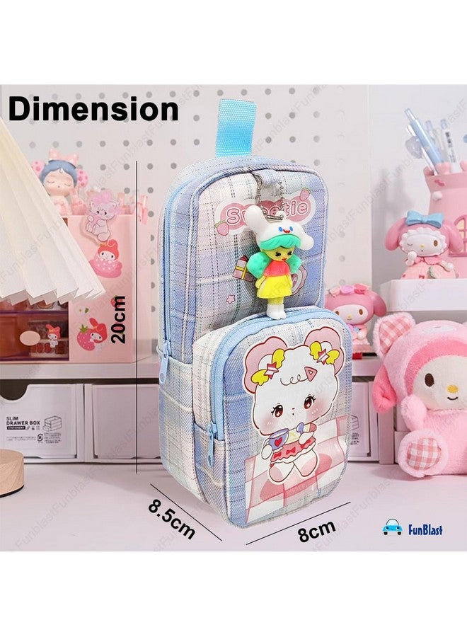 فنبلاست حافظة أقلام فن بلاست للبنات، حافظة أقلام قماشية ناعمة مزدوجة الطبقات قابلة للتعليق بسعة كبيرة مع شخصية كرتونية للبنات، حافظة أقلام كاواي، حقيبة جمالية (أزرق) - Image 3