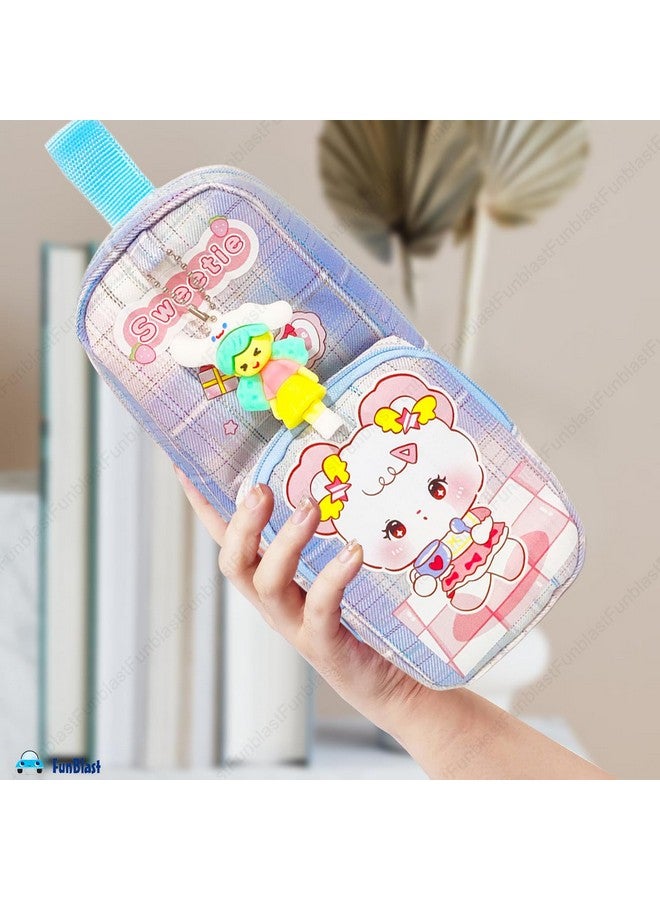 فنبلاست حافظة أقلام فن بلاست للبنات، حافظة أقلام قماشية ناعمة مزدوجة الطبقات قابلة للتعليق بسعة كبيرة مع شخصية كرتونية للبنات، حافظة أقلام كاواي، حقيبة جمالية (أزرق) - Image 4