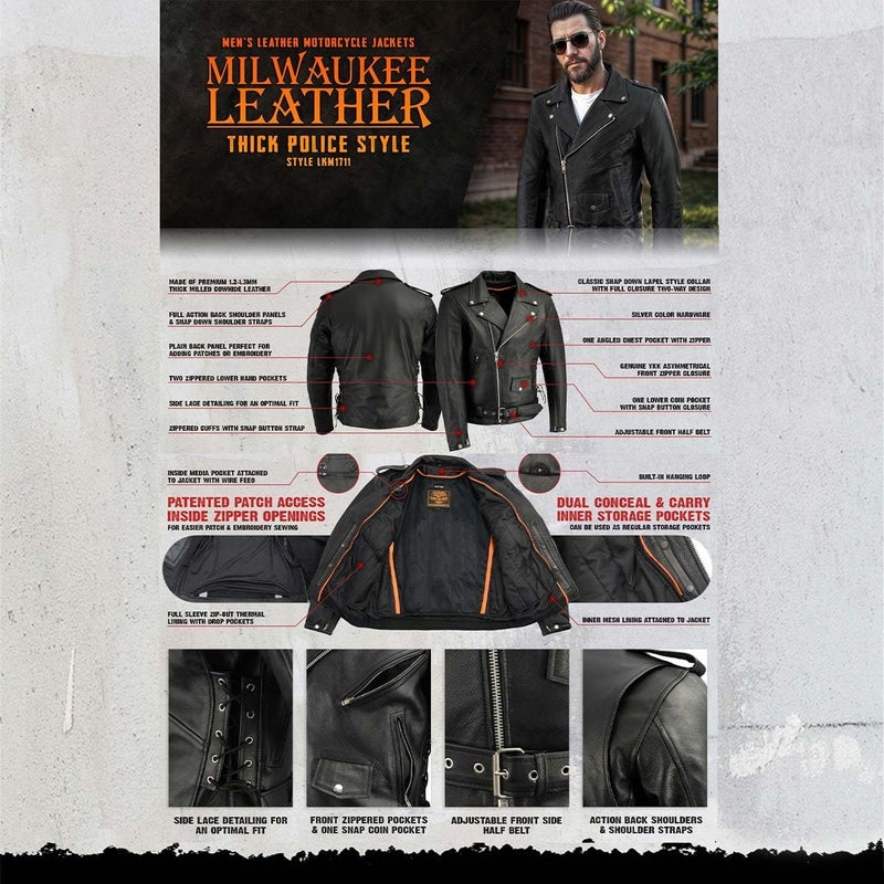 Milwaukee Leather LKM1711 Black Leather Motorcycle Jacket for Men - Thick Police Style Biker Jacket with Side Lace - Image 2