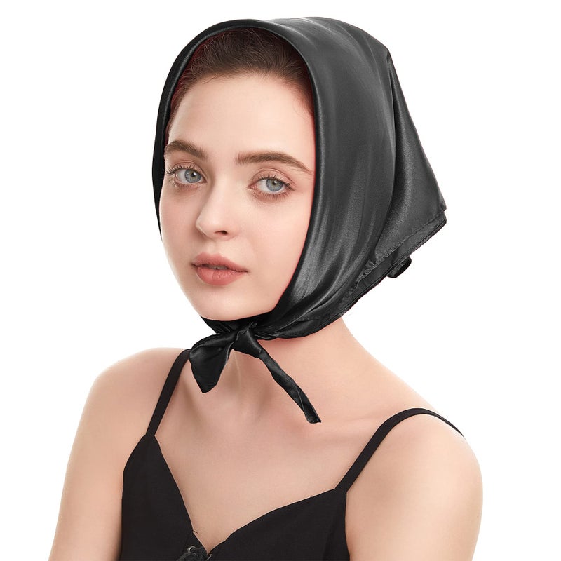 Zando Silk Head Scarf Wrap Neck Scarf Women Silk Feeling Scarf Black - Image 2