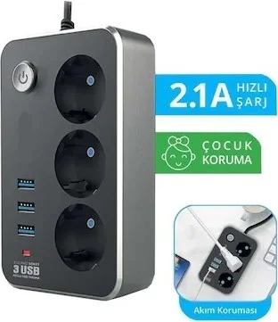 Lisinya Mi Gold Thermal Current Protected Multiple Socket Extension Cable 3 USB Charger - On/Off System