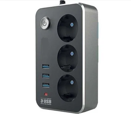 Lisinya Mi Gold Thermal Current Protected Multiple Socket Extension Cable 3 USB Charger - On/Off System