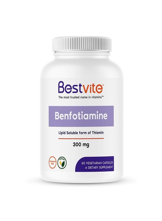 BESTVITE Benfotiamine 300mg (60 Vegetarian Capsules) No Stearates - No Silicon Dioxide - Vegan - Non GMO - Gluten Free - Image 1
