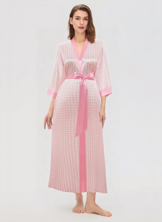 ProDesign Kimono Robes for Women - Houndstooth Satin Sleepwear Silky Nightgown Bathrobe Dressing Gown Blouse Cardigan Robe, Pink, One size - Image 3