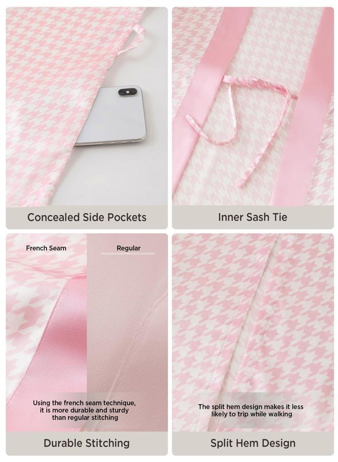 ProDesign Kimono Robes for Women - Houndstooth Satin Sleepwear Silky Nightgown Bathrobe Dressing Gown Blouse Cardigan Robe, Pink, One size - Image 5