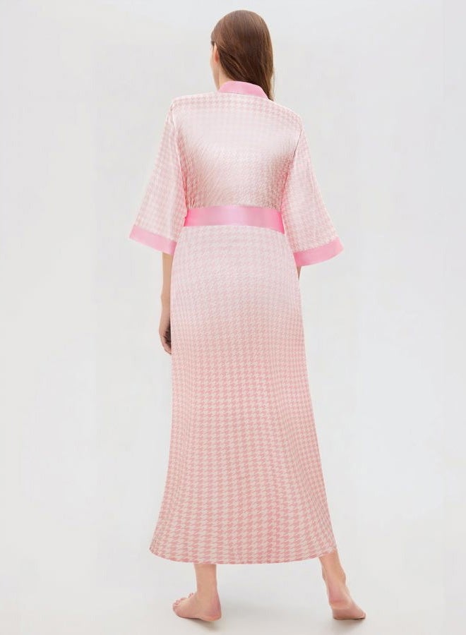 ProDesign Kimono Robes for Women - Houndstooth Satin Sleepwear Silky Nightgown Bathrobe Dressing Gown Blouse Cardigan Robe, Pink, One size - Image 4