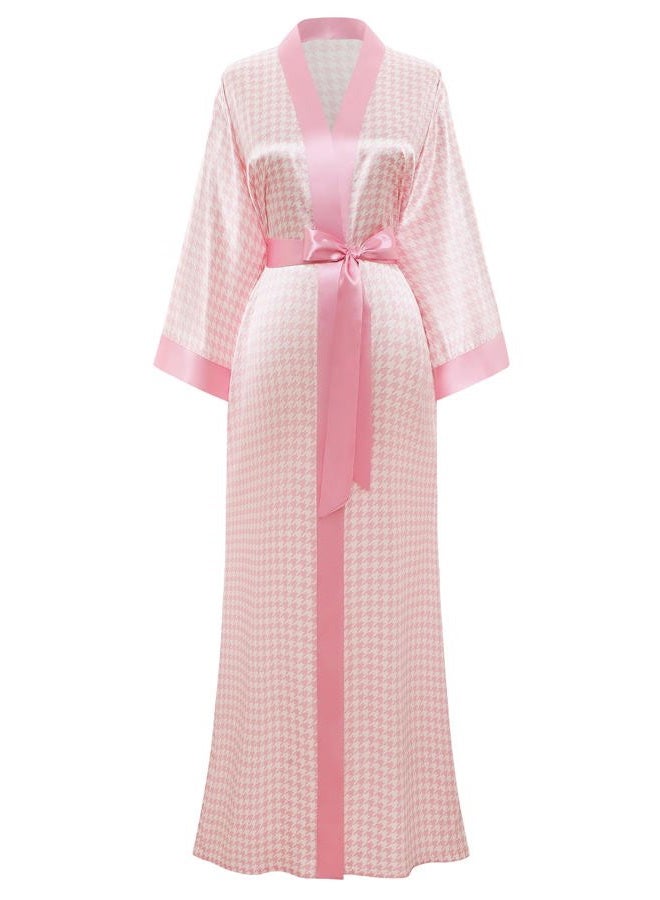 ProDesign Kimono Robes for Women - Houndstooth Satin Sleepwear Silky Nightgown Bathrobe Dressing Gown Blouse Cardigan Robe, Pink, One size - Image 1