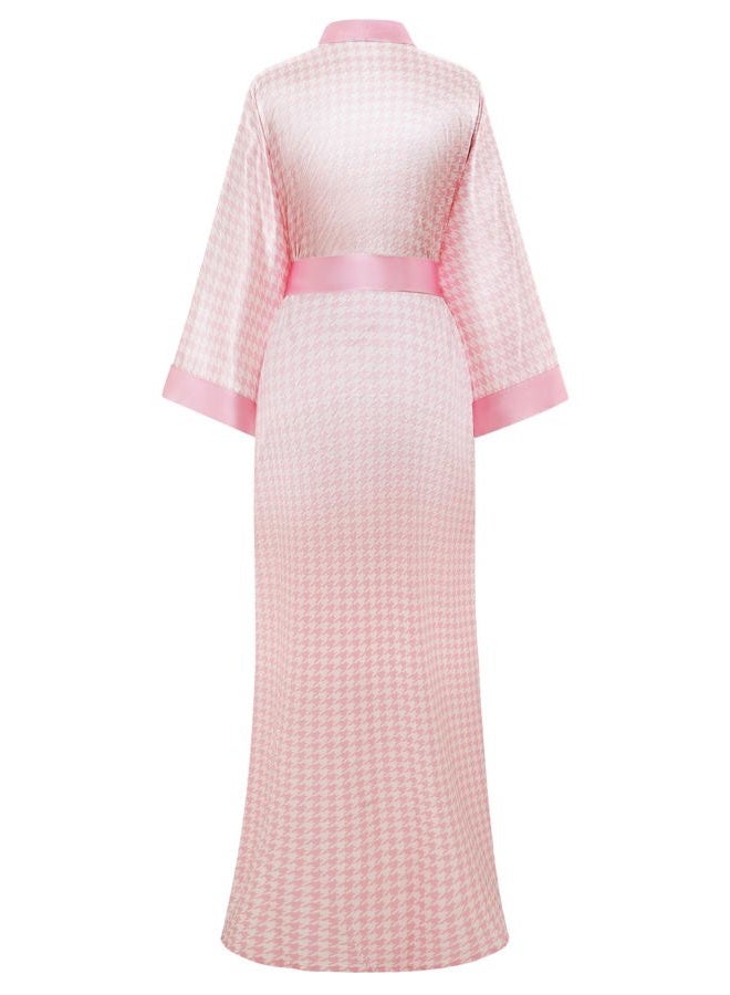 ProDesign Kimono Robes for Women - Houndstooth Satin Sleepwear Silky Nightgown Bathrobe Dressing Gown Blouse Cardigan Robe, Pink, One size - Image 2