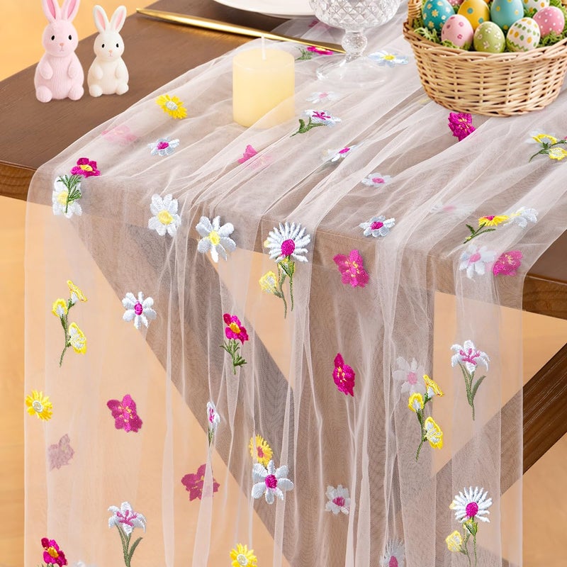 Socomi Embroidery Floral Table Runner Spring Wildflower Gauze Tulle Cheesecloth Seasonal Table Runners for Wedding Party Baby Shower Birthday Holiday Picnic Home Decor - Image 1