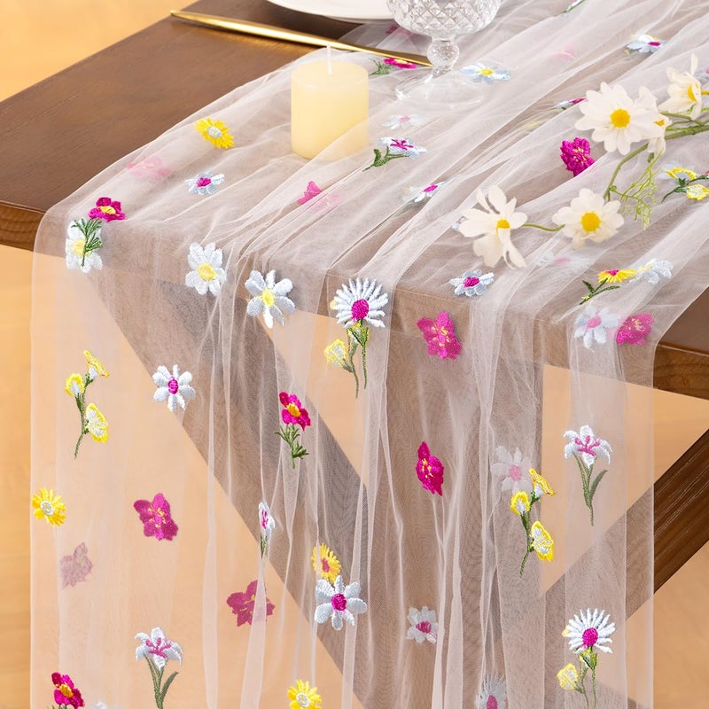 Socomi Embroidery Floral Table Runner Spring Wildflower Gauze Tulle Cheesecloth Seasonal Table Runners for Wedding Party Baby Shower Birthday Holiday Picnic Home Decor - Image 2