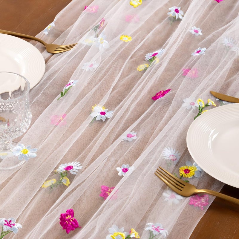 Socomi Embroidery Floral Table Runner Spring Wildflower Gauze Tulle Cheesecloth Seasonal Table Runners for Wedding Party Baby Shower Birthday Holiday Picnic Home Decor - Image 5