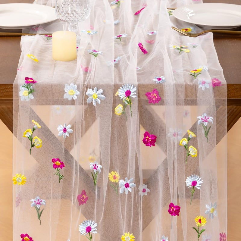 Socomi Embroidery Floral Table Runner Spring Wildflower Gauze Tulle Cheesecloth Seasonal Table Runners for Wedding Party Baby Shower Birthday Holiday Picnic Home Decor - Image 3
