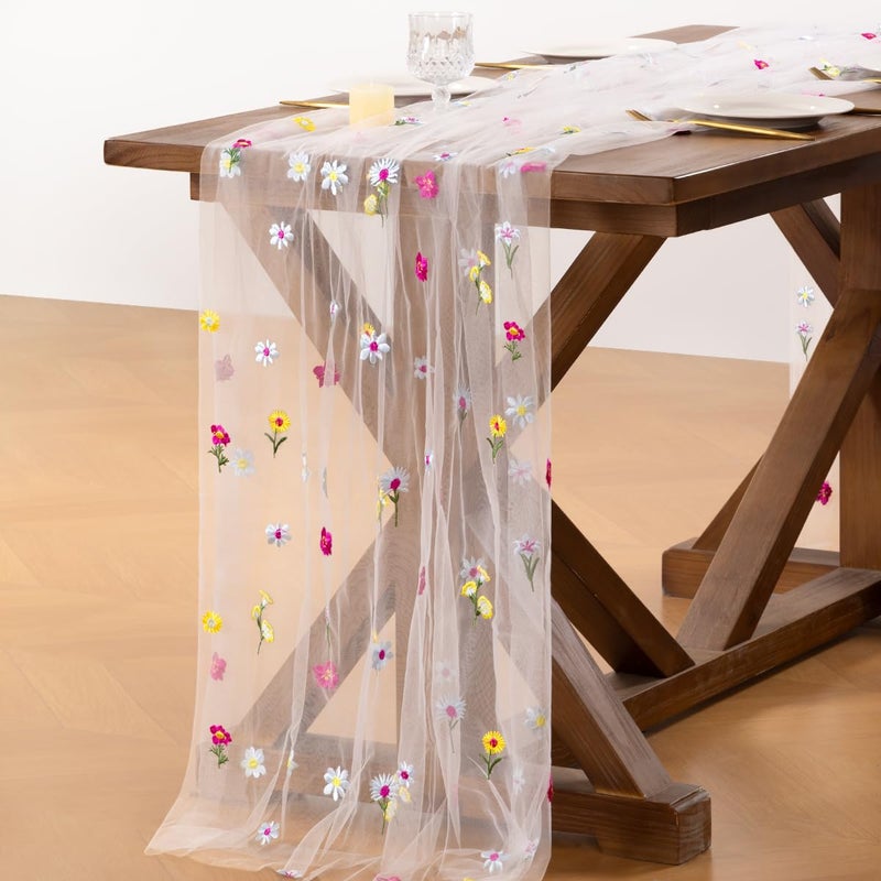 Socomi Embroidery Floral Table Runner Spring Wildflower Gauze Tulle Cheesecloth Seasonal Table Runners for Wedding Party Baby Shower Birthday Holiday Picnic Home Decor - Image 4