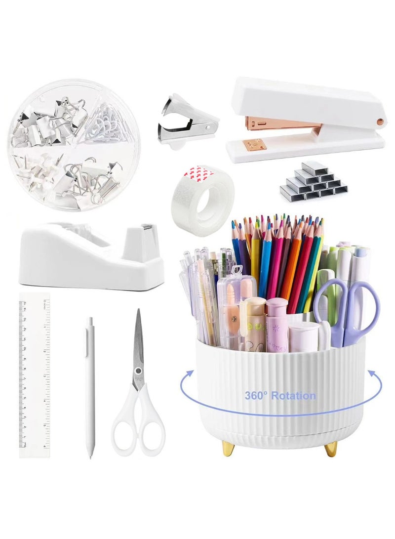 كيدل مجموعة أدوات مكتبية، منظمات مكتبية وإكسسوارات، مجموعة من 10 قطع مع حامل أقلام يدور 360 درجة، موزع شريط لاصق، دباسة، مزيل دبابيس، دبابيس، شريط لاصق، مجموعة مشابك، مسطرة، مقص، قلم - Image 1