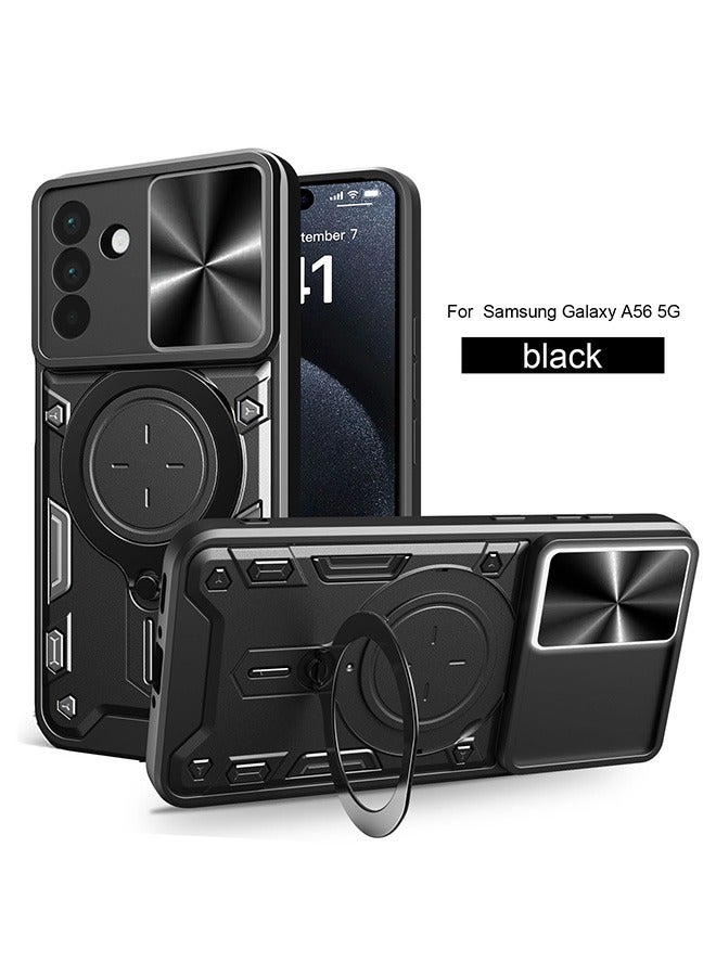 Case for Samsung Galaxy A56 5G with Slide Camera Cover and Stand Kickstand Magnetic Ring, High Quality Shockproof Protective Cover, Anti-Fall Drop Protection, Shockproof Case, Black - Image 1