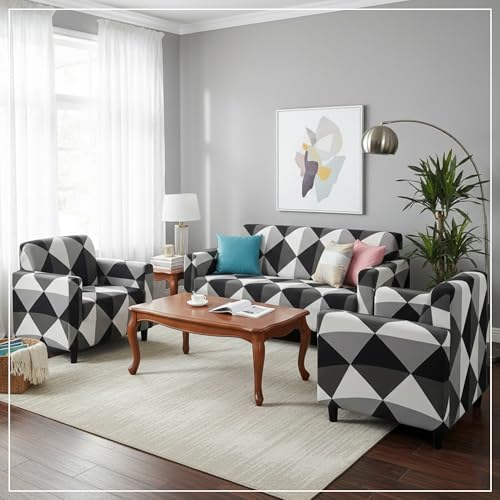 B BESTILO Sofa Cover 3 Seater and 2 Seater Fully Covered Universal 5 Seater Sofa Cover Non-Slip Sticky Elastic Stretchable Sofa Set Imported Slipcover Protector (Black Prism, Five Seater (3+1+1)) - Image 2