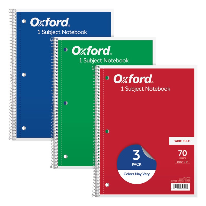 Oxford 1-Subject Notebooks, School Journal, 8 x 10-1/2 Inch, Wide Rule Paper, 70 Sheets, 3-Hole Punch, 3 Pack, Red, Blue, Green, Color Assortment May Vary (65029) - Image 1