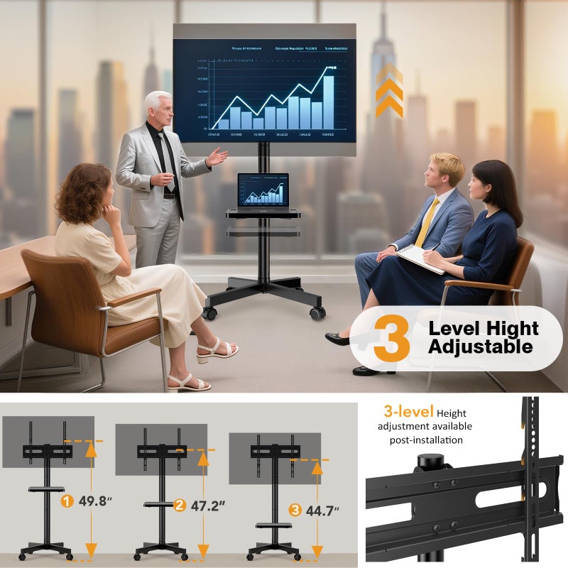 Hemudu Mobile TV Stand for 23-60 Inch LCD LED Flat/Curved Screen TVs, TV Cart Holds up to 77Lbs, Rolling TV Stand with Tilt, Height Adjustable, Pole TV Floor Stand with Shelf Max VESA 400x400mm - Image 2