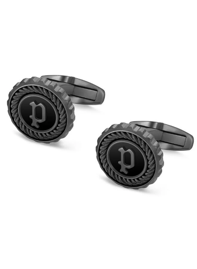 POLICE Cable Grey and Balck Cufflinks For Men with Black Onyx Inlay
