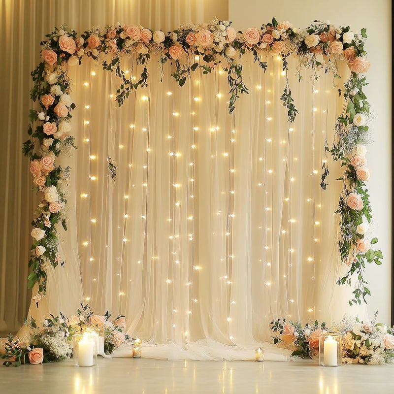 Xiomot Tulle Backdrop Curtain with Lights String 10FT X 8FT Champagne Sheer Tulle Backdrop Curtains for Wedding Birthday Party Reception Photo Booth Background Decorations (2 Panels 5x8FT) - Image 1