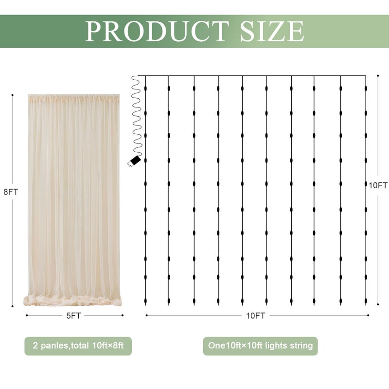 Xiomot Tulle Backdrop Curtain with Lights String 10FT X 8FT Champagne Sheer Tulle Backdrop Curtains for Wedding Birthday Party Reception Photo Booth Background Decorations (2 Panels 5x8FT) - Image 2