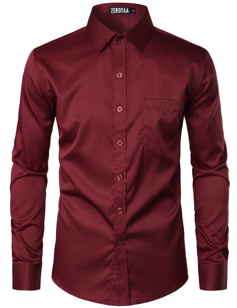 ZEROYAA Men's Urban Stylish Casual Business Slim Fit Long Sleeve Button Up Dress Shirt with Pocket ZLCL29 Burgundy Large - Image 4