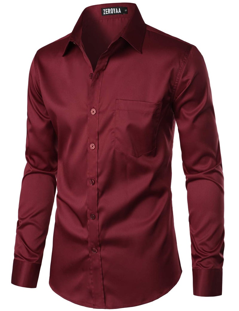 ZEROYAA Men's Urban Stylish Casual Business Slim Fit Long Sleeve Button Up Dress Shirt with Pocket ZLCL29 Burgundy Large - Image 2