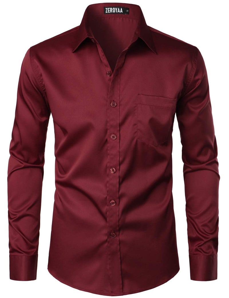 ZEROYAA Men's Urban Stylish Casual Business Slim Fit Long Sleeve Button Up Dress Shirt with Pocket ZLCL29 Burgundy Large - Image 1