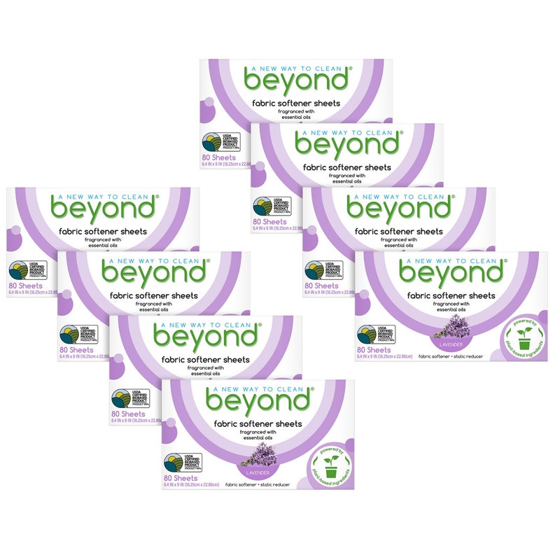 Beyond Fabric Softener Sheets (8 boxes of 80 sheets) - Lavender Scent - Eco-Friendly Plant-Based Dryer Sheets. Removes Static Cling. Recyclable Packaging. - Image 1