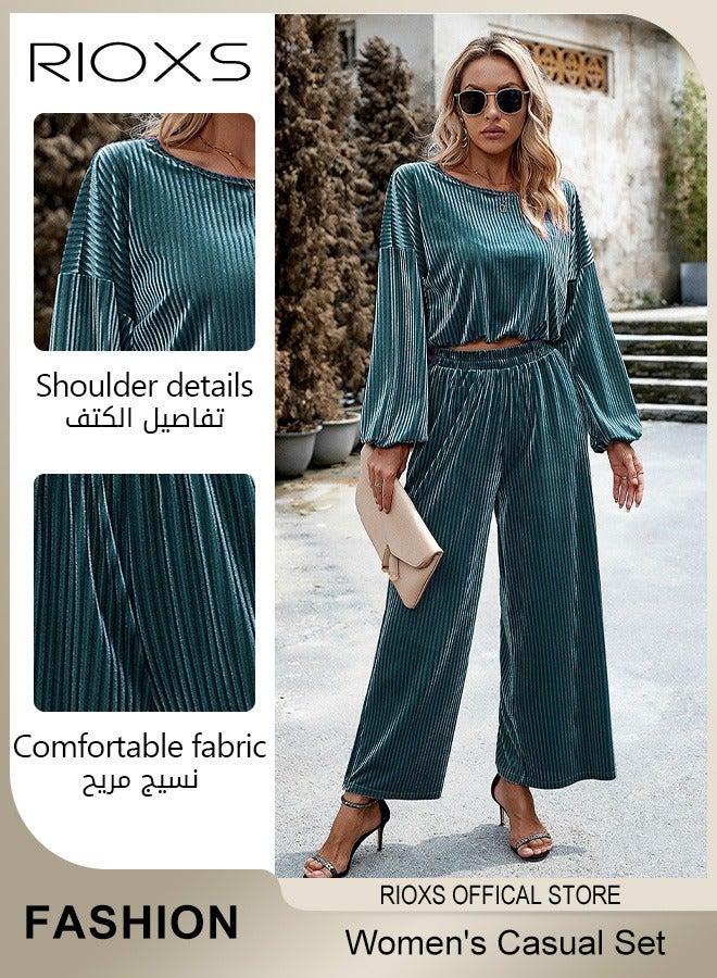 RIOXS Women's 2 Pieces Velvet Casual Set Long Puff Sleeve Tight Cuff Crew Neck Crop Tops & High Waist Loose Leg Long Pants  - Image 2