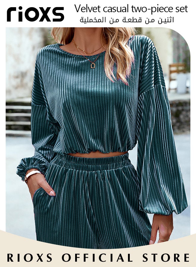 RIOXS Women's 2 Pieces Velvet Casual Set Long Puff Sleeve Tight Cuff Crew Neck Crop Tops & High Waist Loose Leg Long Pants  - Image 4