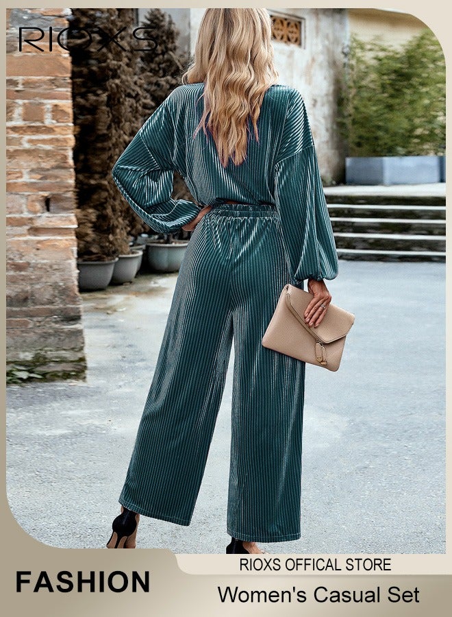 RIOXS Women's 2 Pieces Velvet Casual Set Long Puff Sleeve Tight Cuff Crew Neck Crop Tops & High Waist Loose Leg Long Pants  - Image 3