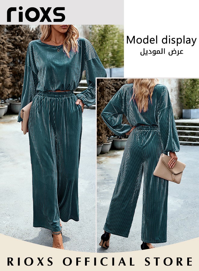 RIOXS Women's 2 Pieces Velvet Casual Set Long Puff Sleeve Tight Cuff Crew Neck Crop Tops & High Waist Loose Leg Long Pants  - Image 5