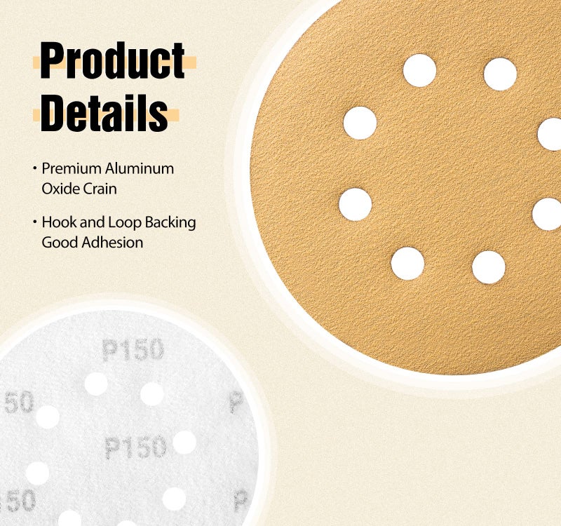 S SATC 100PCS 5 Inch Sanding Discs 60/80/120/150/220 Grits Gold Sanding Discs Hook and Loop 8 Holes Sandpaper Orbital Sander - Image 5