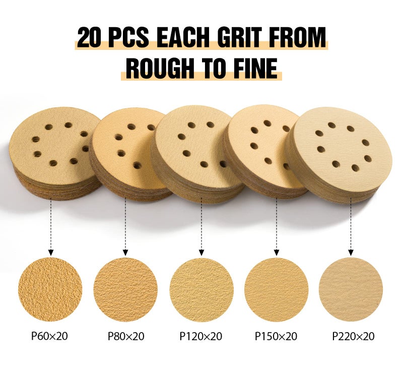 S SATC 100PCS 5 Inch Sanding Discs 60/80/120/150/220 Grits Gold Sanding Discs Hook and Loop 8 Holes Sandpaper Orbital Sander - Image 3