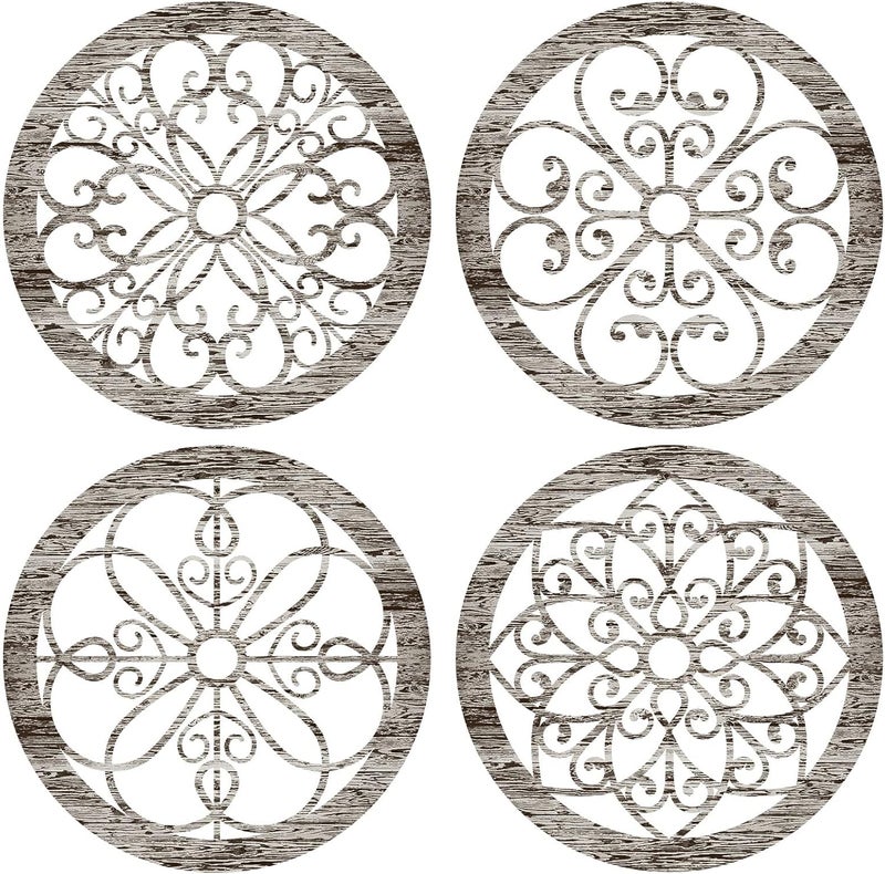 Yulejo Heavy load resistant 4 Pcs Thicken Rustic Wall Decor Farmhouse Wall Art Wooden Hollow Carved Design Decor Rustic Round Wall Art for Living Room Bedroom Hallway Decor Kitchen Wall (Retro White,9.8 x 9.8 Inch) Most item matching trendy design - Image 1
