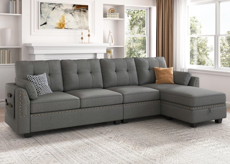 HONBAY Reversible Sectional Sofa LShape Sofa Convertible Couch 4Seater Sofas Sectional for Apartment Dark Grey