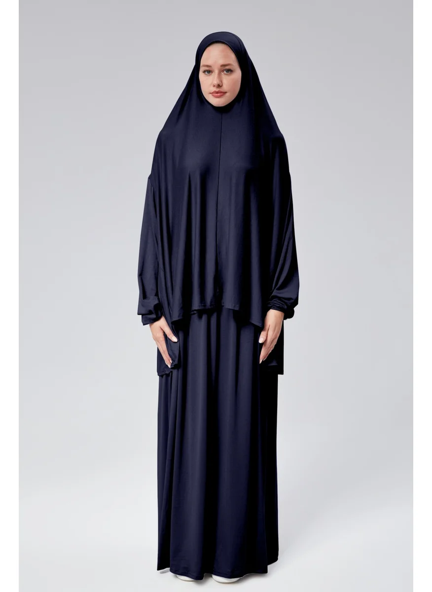 سونباهار مودا Autumn Fashion Women Two Piece Prayer Dress Headscarf Organic Cotton Elastic Sleeve Non-Slip Combed Cotton Hijab Skirt Navy Blue