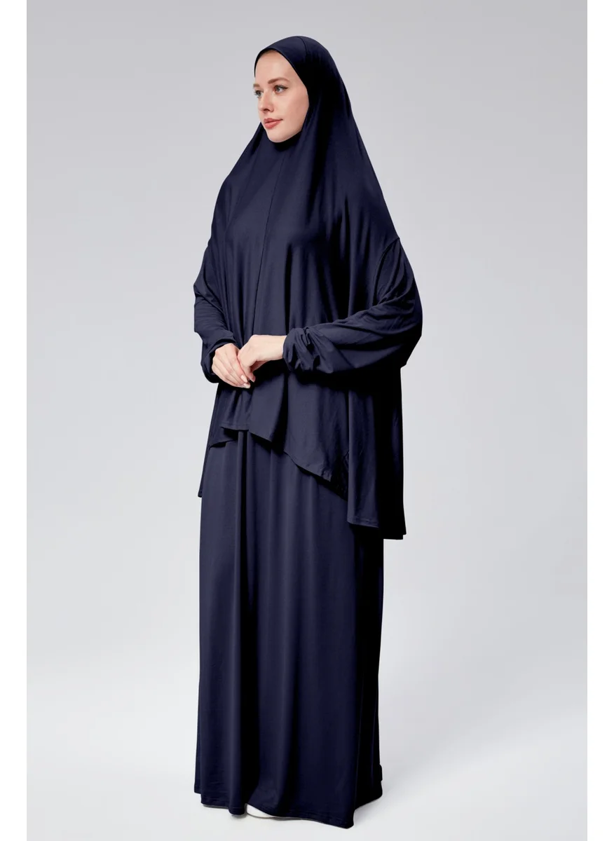 سونباهار مودا Autumn Fashion Women Two Piece Prayer Dress Headscarf Organic Cotton Elastic Sleeve Non-Slip Combed Cotton Hijab Skirt Navy Blue