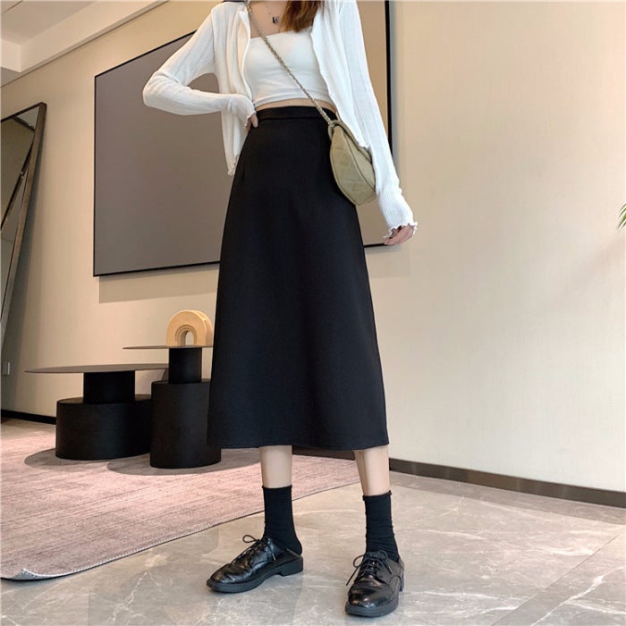 Autumn 2023 New Plus Size Chubby Girl High Waist Skirt Mid-Length Hip Covering Slim A- Line Skirt Black Hip Covering Skirt - Image 1