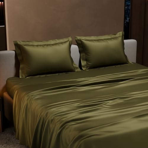 Stoa Paris Satin Bedsheet King Size with 2 Pillow Covers, 300TC Premium Bedsheets King Size, Home Decor, Ultimate Comfort, 274 cm x 228 cm, Date Night - Olive Oasis - Image 3