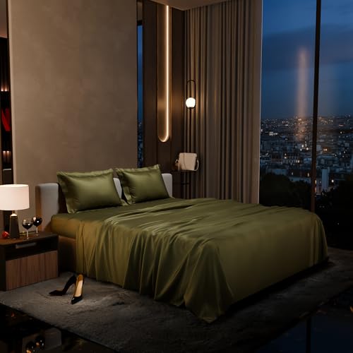 Stoa Paris Satin Bedsheet King Size with 2 Pillow Covers, 300TC Premium Bedsheets King Size, Home Decor, Ultimate Comfort, 274 cm x 228 cm, Date Night - Olive Oasis - Image 1