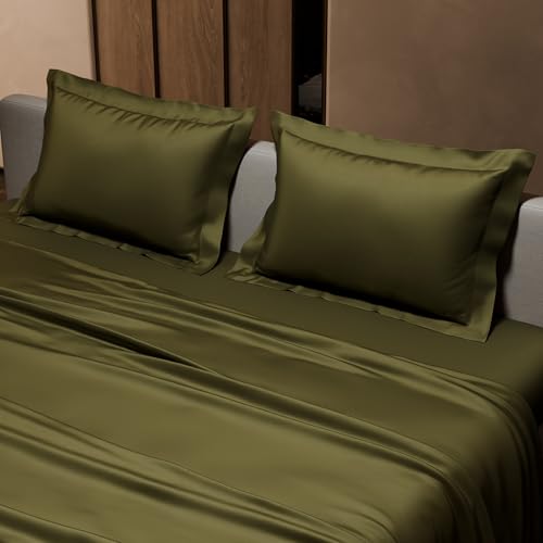 Stoa Paris Satin Bedsheet King Size with 2 Pillow Covers, 300TC Premium Bedsheets King Size, Home Decor, Ultimate Comfort, 274 cm x 228 cm, Date Night - Olive Oasis - Image 4