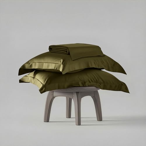 Stoa Paris Satin Bedsheet King Size with 2 Pillow Covers, 300TC Premium Bedsheets King Size, Home Decor, Ultimate Comfort, 274 cm x 228 cm, Date Night - Olive Oasis - Image 5