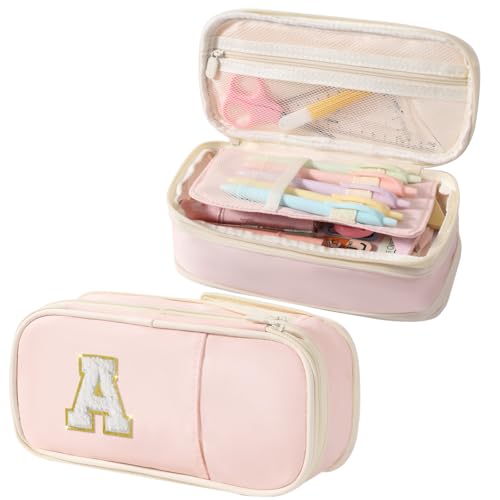 Janhavi Pencil Case for Girls Women, Preppy Pencil Pouch for School Supplies, Large Penicl Bag for Back to School, Aesthetic Pen Case Box Pouch for kids, Teen Girls, Pink A(Chenile) - Image 1