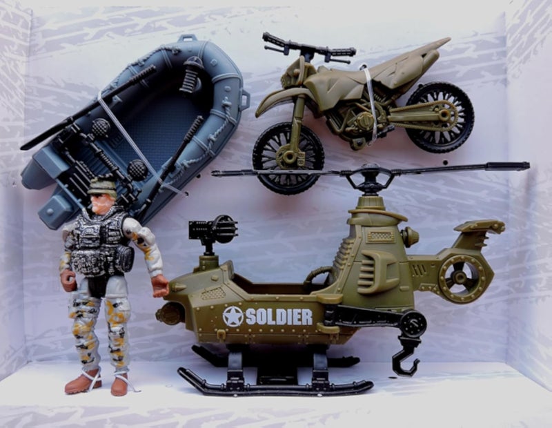 مجموعة ألعاب الجيش للأطفال - طيار عسكري مع قارب ودراجة نارية وجندي - مجموعة حرب واقعية للأولاد من سن 3 سنوات فما فوق