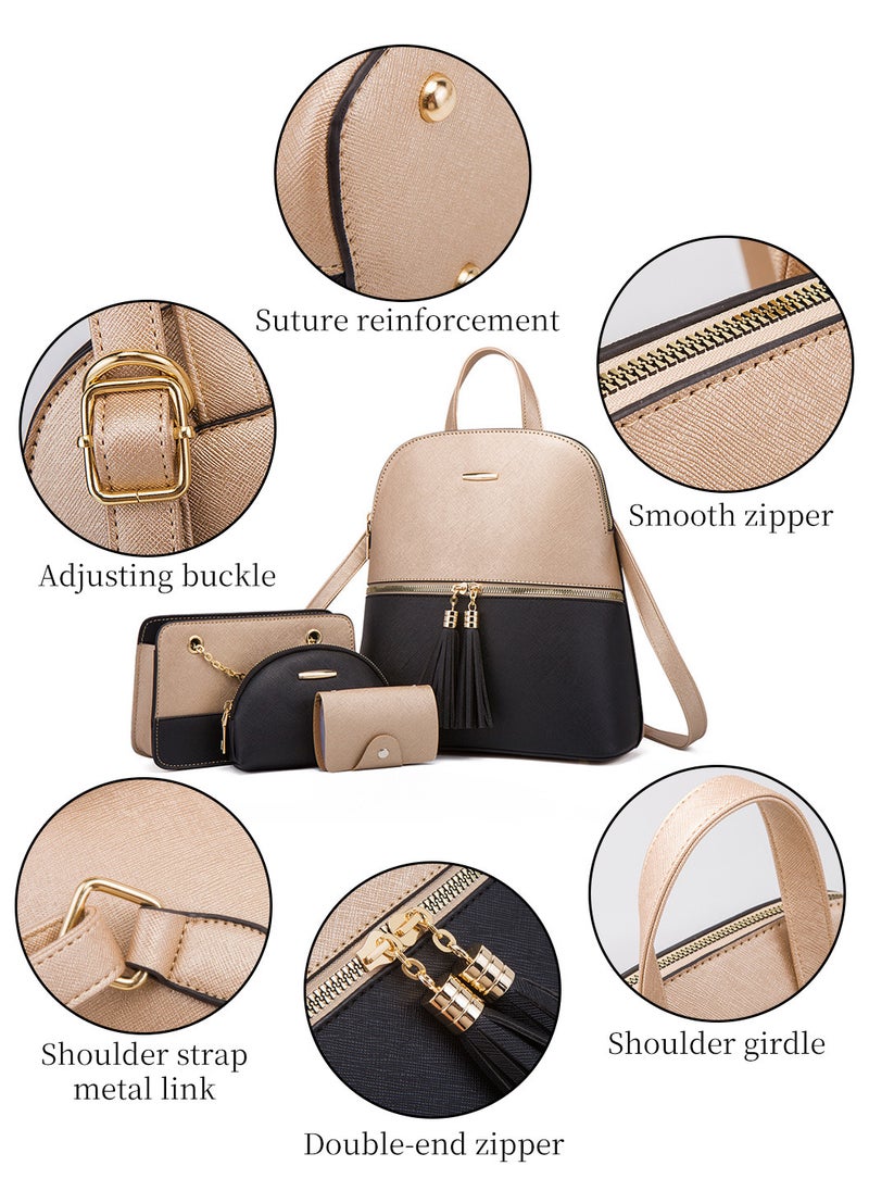 Moovant - 4 Pieces Travel Backpack Set, Fashion Shoulder Bag, Durable PU Leather Crossbody Bag for Women Girls Work, Trip, Commuting, School, Gold/Black - Image 1